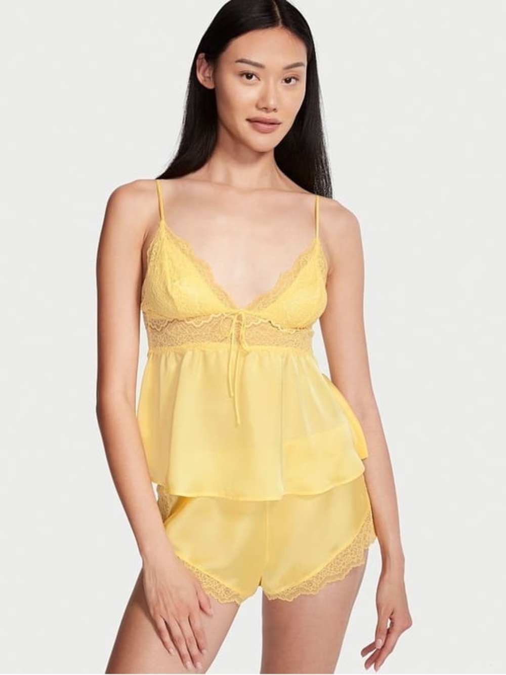 Victoria's Secret Yellow Satin Lace Cami & Short Pajama Set